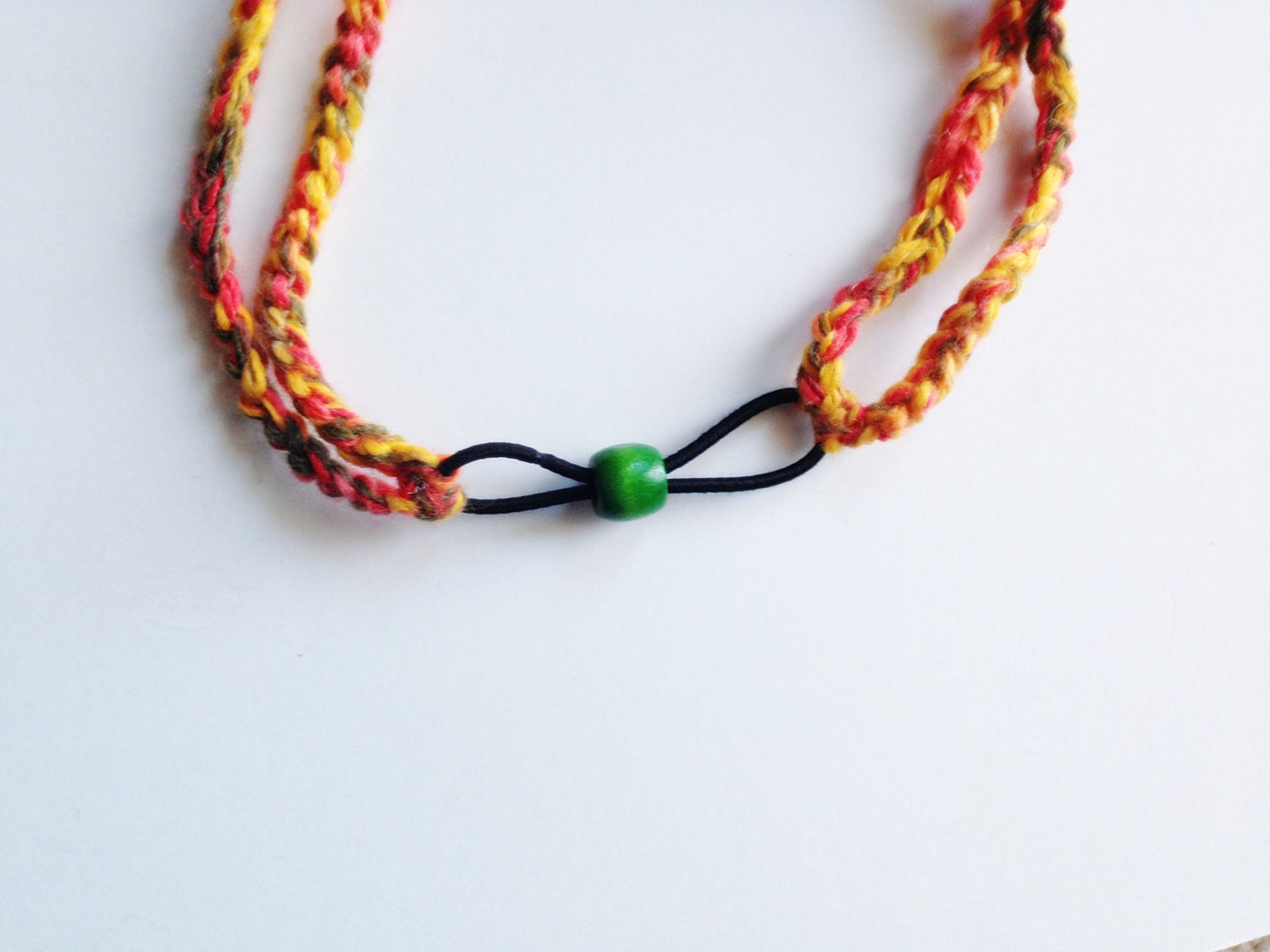 Daffodil HEADBAND - Gold, Orange, Olive, Green Bead, Elastic, Acrylic Wool Yarn, Hippie, Boho, Crochet, Double Strand, Yarnival.