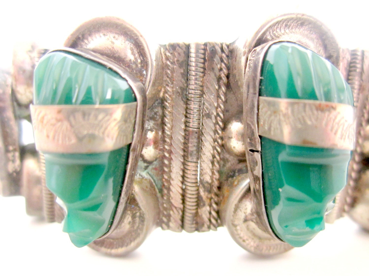 Vintage Sterling Mexican Silver Cuff Bracelet and Earrings Carved Mexican Jade Masks