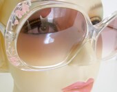 1980s Vintage Sunglasses Revue France Big frames Audrey Hepburn style Pink Flowers