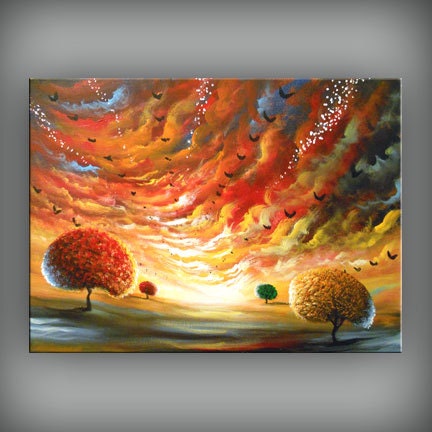 Large painting lollipop tree painting folk art original landscape cloud sunset 48 inch retro vintage illustration Mattsart