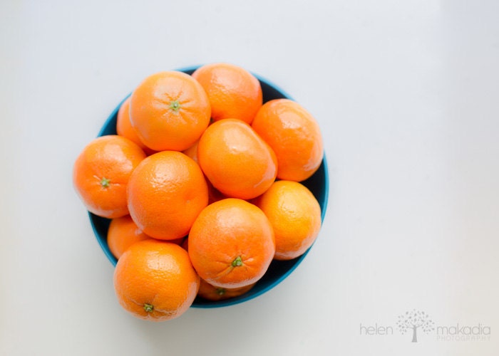 Fine Art Fruit Photograph. Orange Clementines. Teal Bowl. On White Surface. Colorful.  Kitchen Decor.  5x7 Print