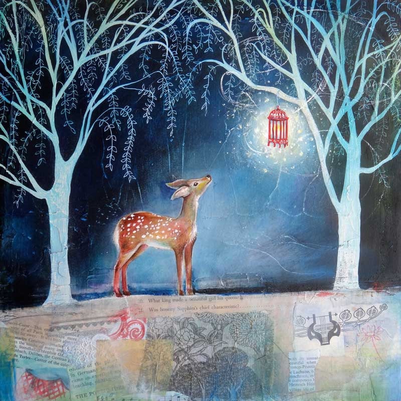 Fawn and Fireflies in Night Forest -Large Archival Print-Night Light