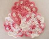 3 Small Crocheted Scalloped Dishcloths / Washcloths - Pink Splash