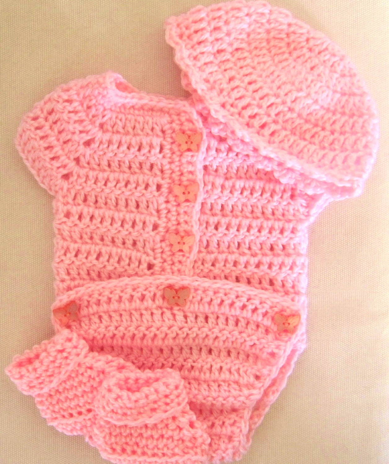 Crocheted  Pink Baby Onesie with Booties and Cap - Newborn