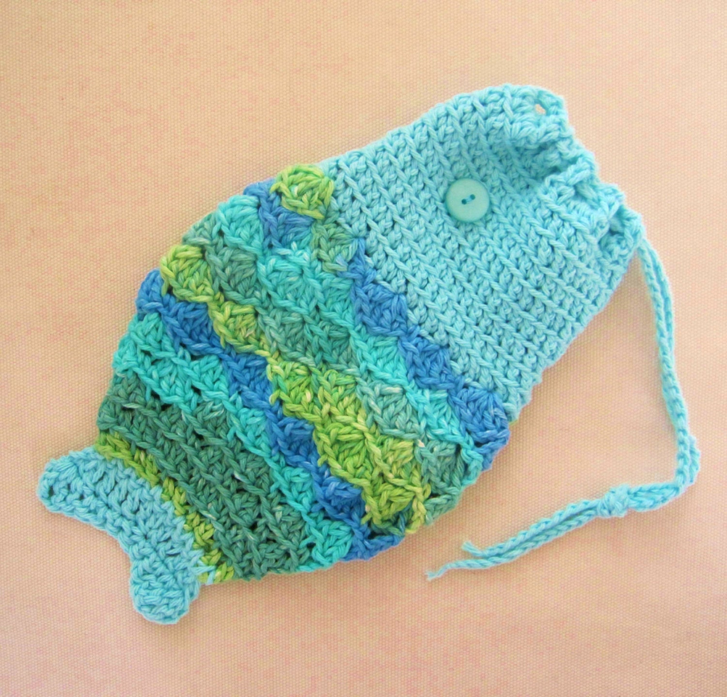 Crocheted Drawstring Wrist Purse - Tropical Fish