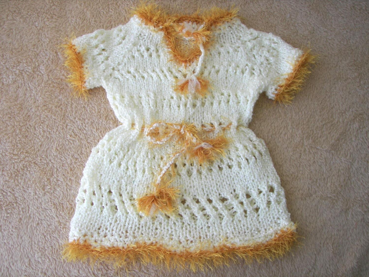 Baby Girl Hand Knit DRESS in soft White with CUSTOM trim