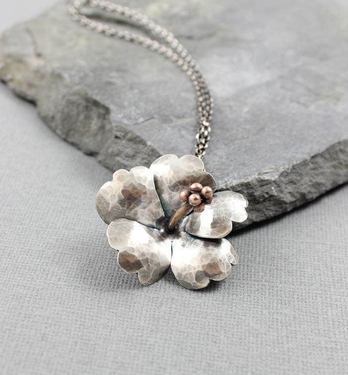 Sterling Silver Hibiscus Pendant, Bold, Statement Necklace,  Metalsmithing, Metal, Gifts for her, One of a Kind, Mothers Day READY to SHIP
