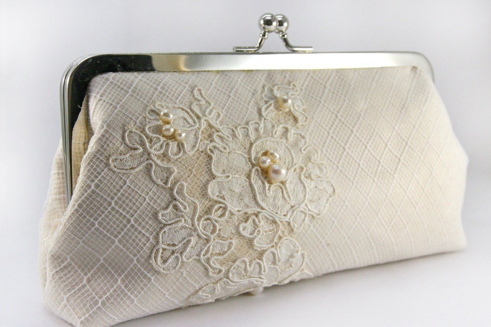 Bridal Clutch with Alencon French Lace in Ivory 8-inches