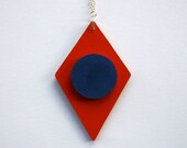 Wooden Aztec Necklace - 'Token' - Tribal Necklace - Colour Block  - Statement Necklace - Navy Blue and Orange - Diamond