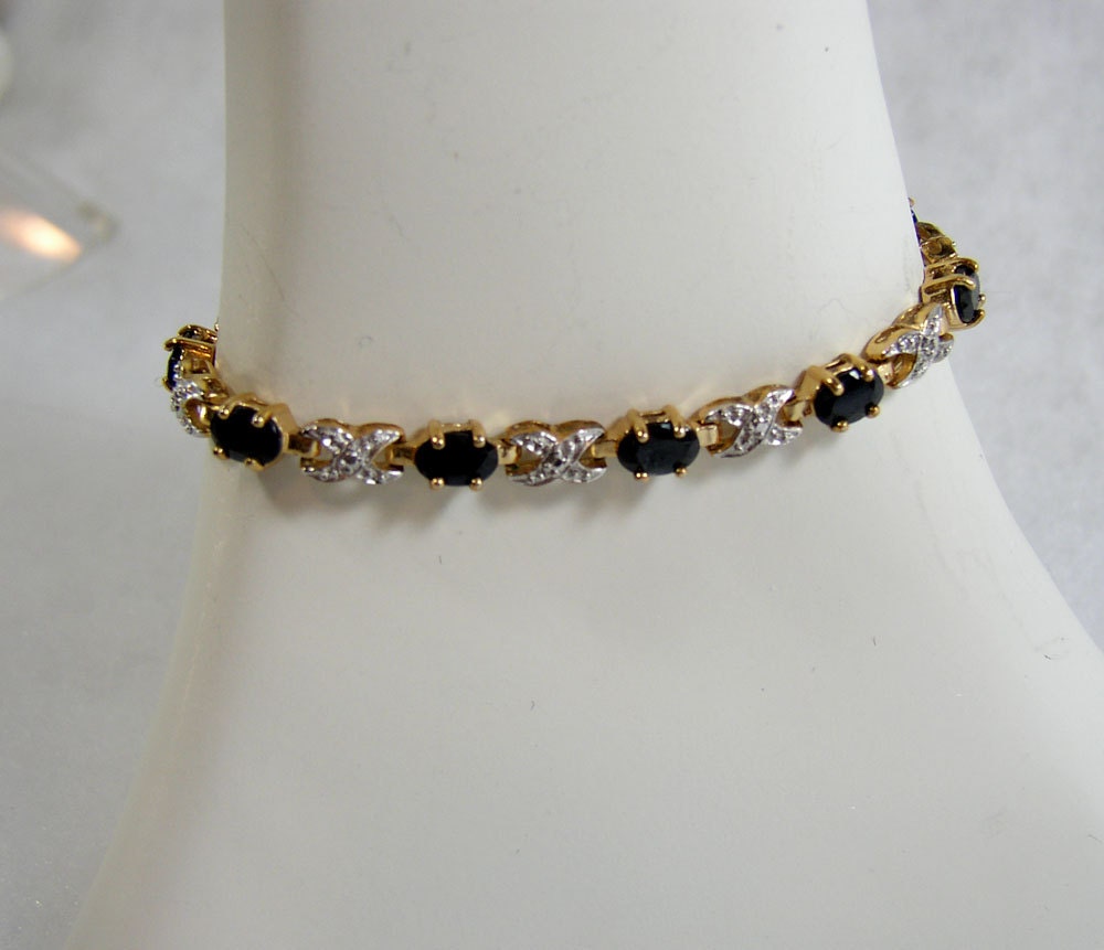 Tennis Bracelet Technibond Faceted Onyx Sterling Silver Gold Vermeil 925 Signed