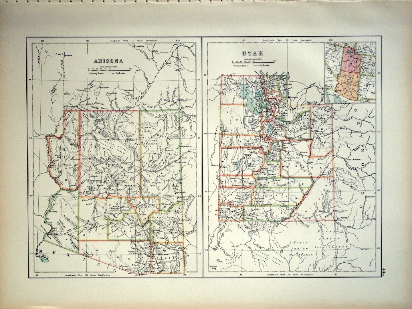 1890 Large Special Library Edition Antique Map of Arizona and Utah