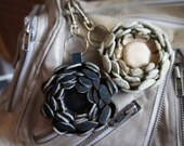 Recycled leather flower bag/purse charm key ring  black/ cream