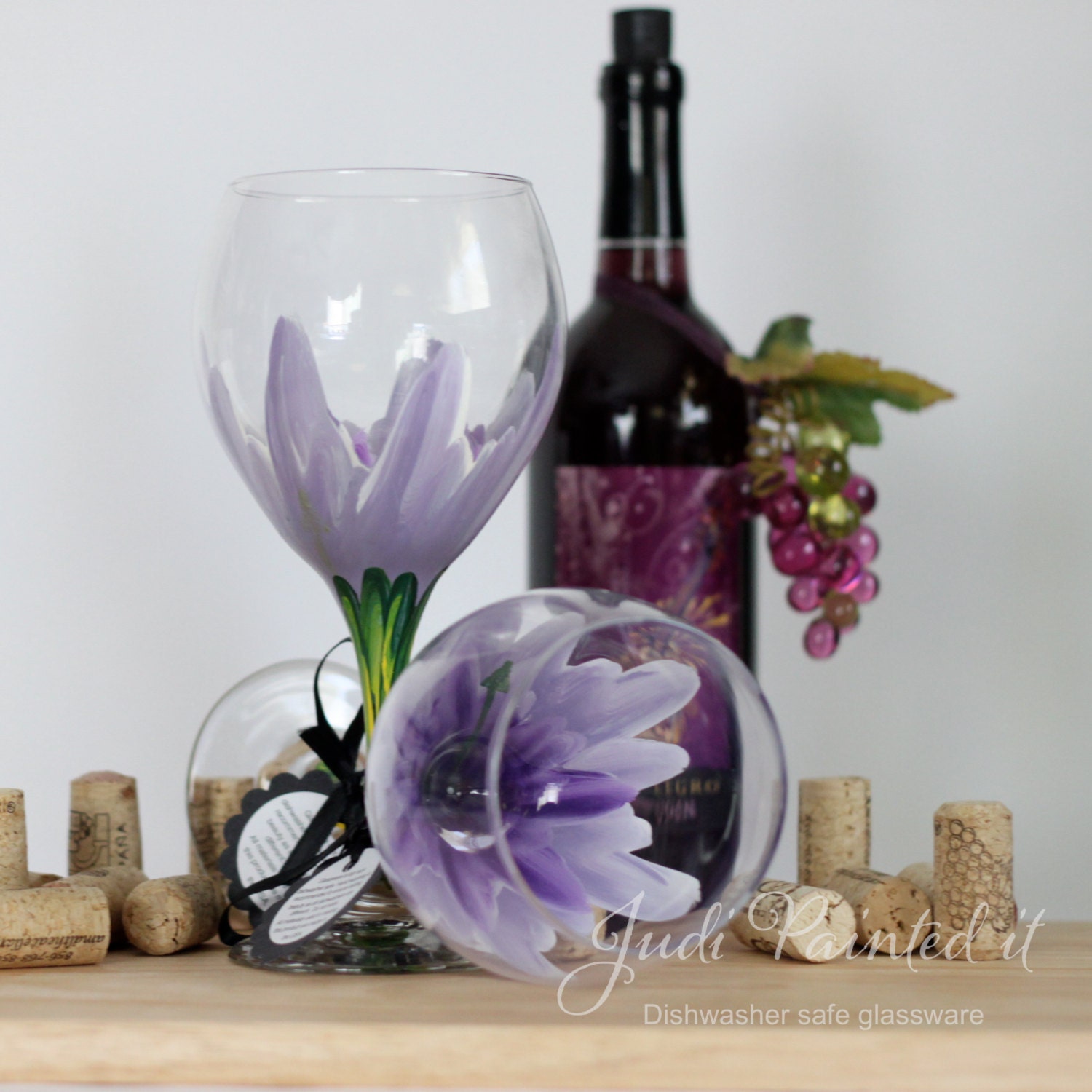 Lavender Hibiscus hand painted wine glass.  FREE personalization and dishwasher safe