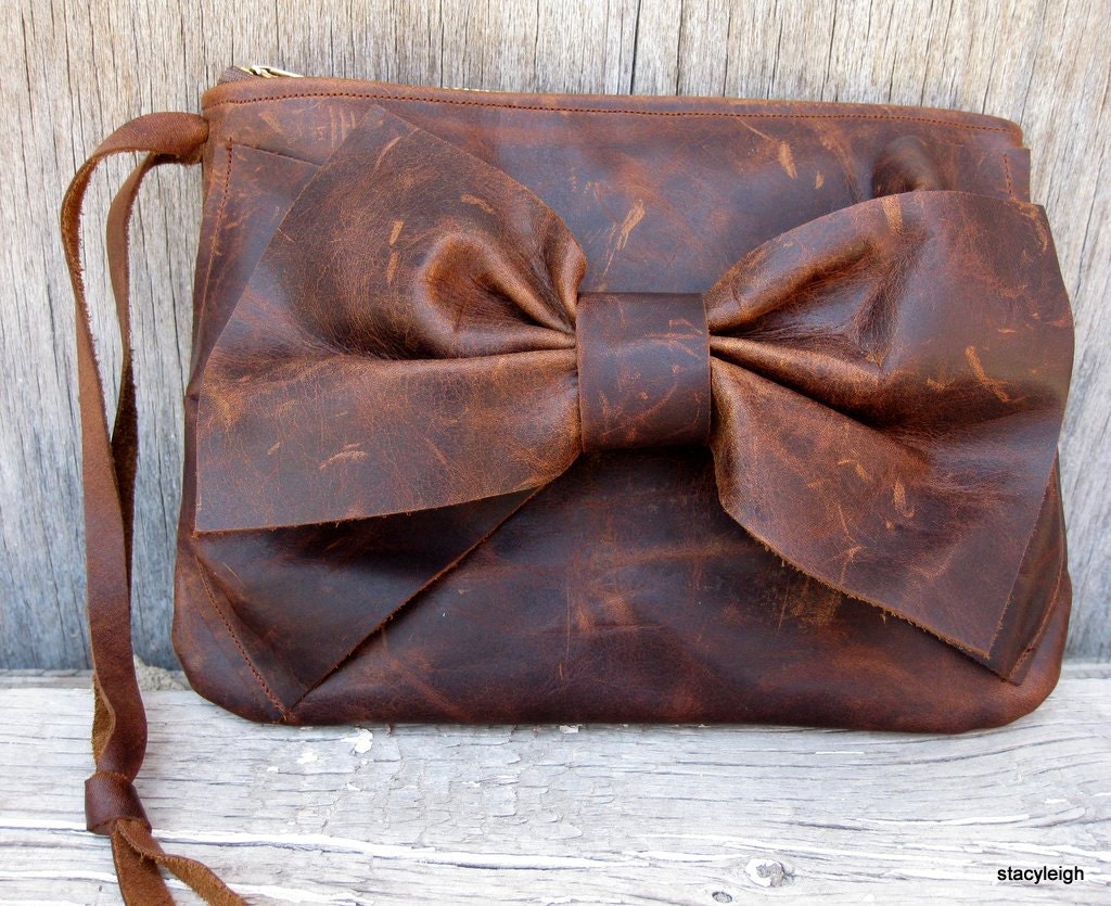 Old Attic Brown Antiqued Leather Bow Small Clutch Bag by Stacy Leigh