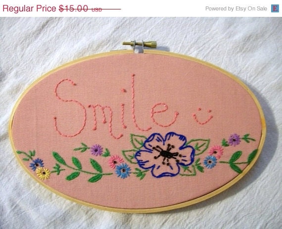 MEMORIAL DAY SALE Summertime Flowers, Embroidered Hoop Art, Upcycled, Smile