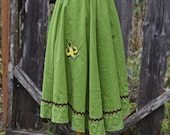 Women's Upcycled Clothing Full Swing Skirt Green w Lace Embroidered Tattoo Yellow Bird Linen Blend Retro Inspired Small OOAK Ready to Ship