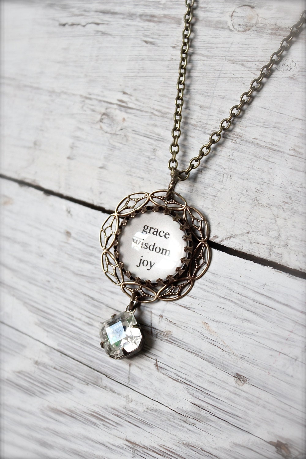 Grace Wisdom Joy antique brass domed glass necklace.  Inspirational words.  Vintage octagon rhinestone.