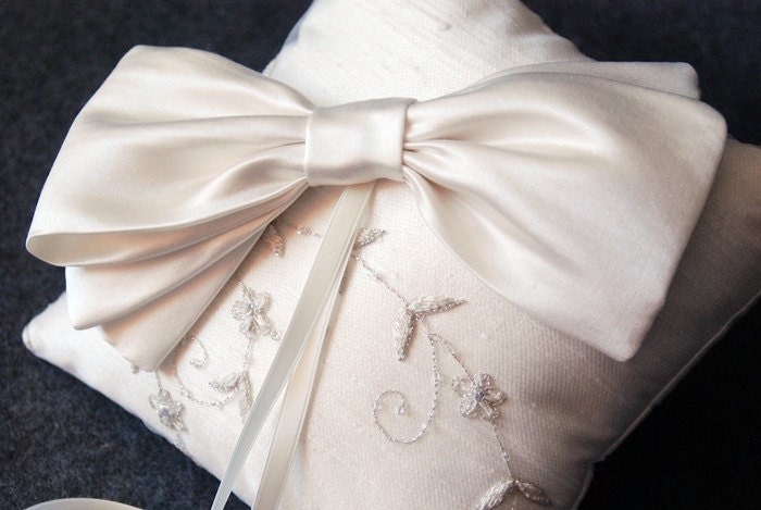 Ring Bearer Pillow - Ivory Silk Ring Bearer Pillow with Lace Embroidery Overlay and Silk Bow - Eloise