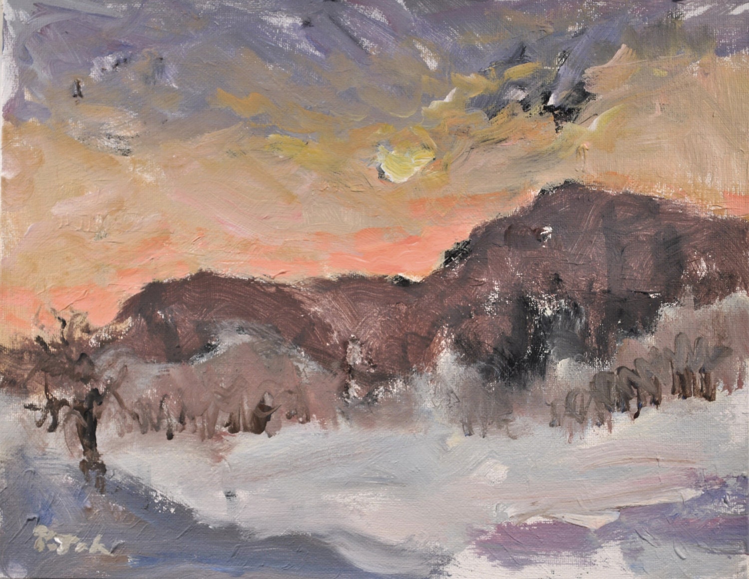 Original Landscape Painting Winter Sunset Impressionist Art by Russ Potak