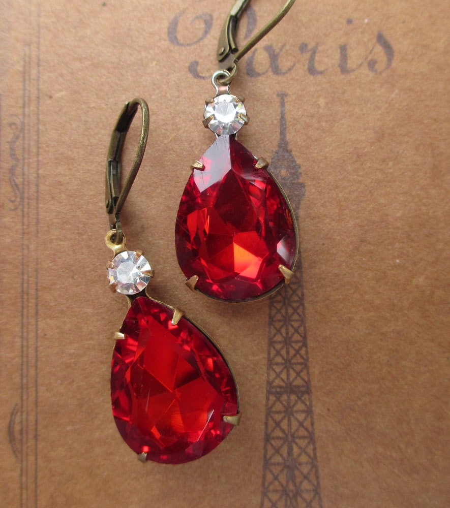 July Birthstone Ruby Red Earrings Estate Style Jewelry Bridesmaid Gift Art Deco Earrings Rhinestone Great Gatsby Wedding MAYFAIR Ruby