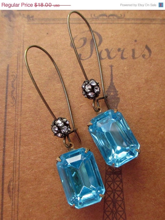 Memorial Day SALE 15% Off Art Deco Jewelry Vintage Aqua Blue Rhinestone Earrings Old Hollywood Earrings Great Gatsby Jewelry MADELINE Aqua