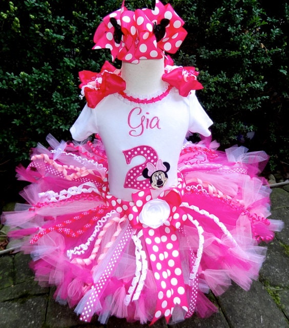 Minnie Mouse Hot Pink Birthday Number Petti Tutu Outfit....BRIGHT Sewn Petti Tutu with Curly Ribbons...Custom Top & Bow...NB-24m