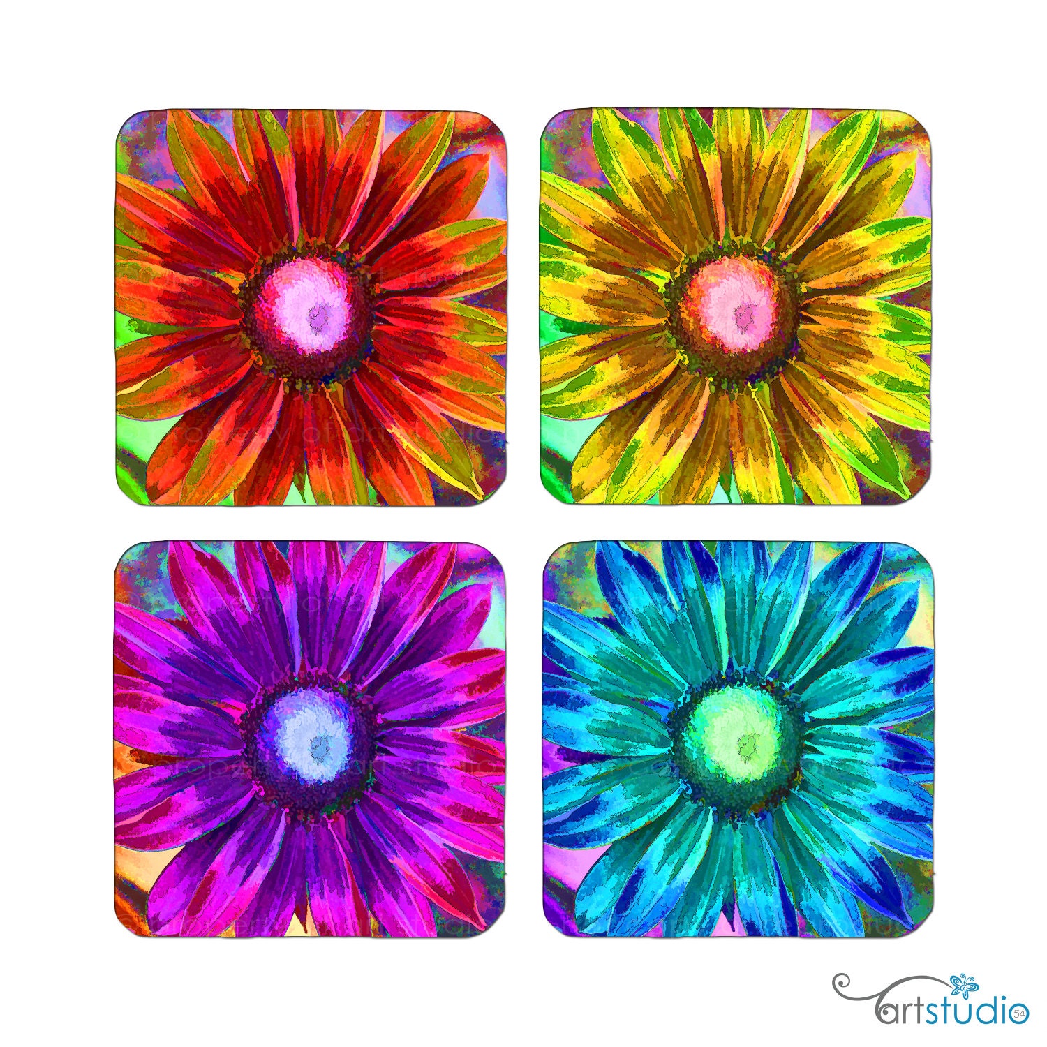 Coasters - Set of Four - Painted Pixels - Flowers Garden - Cork Bottom - Pink, Orange, Yellow, Purple, Blue - Made by artstudio54