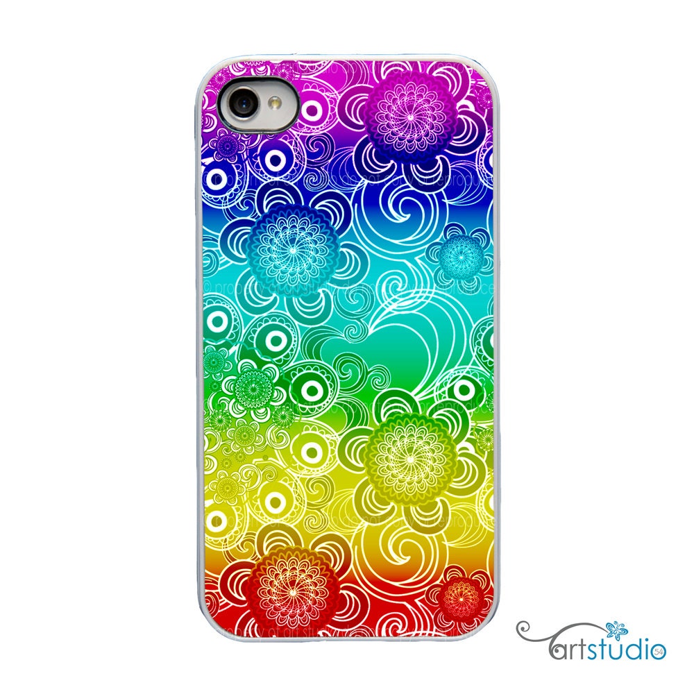 Swirl Flower Rainbow - White, Black, Clear Sides iPhone Case - IPhone 4S, 4 or 5 Hard Cover - Fun Bright Art Trendy Case - artstudio54