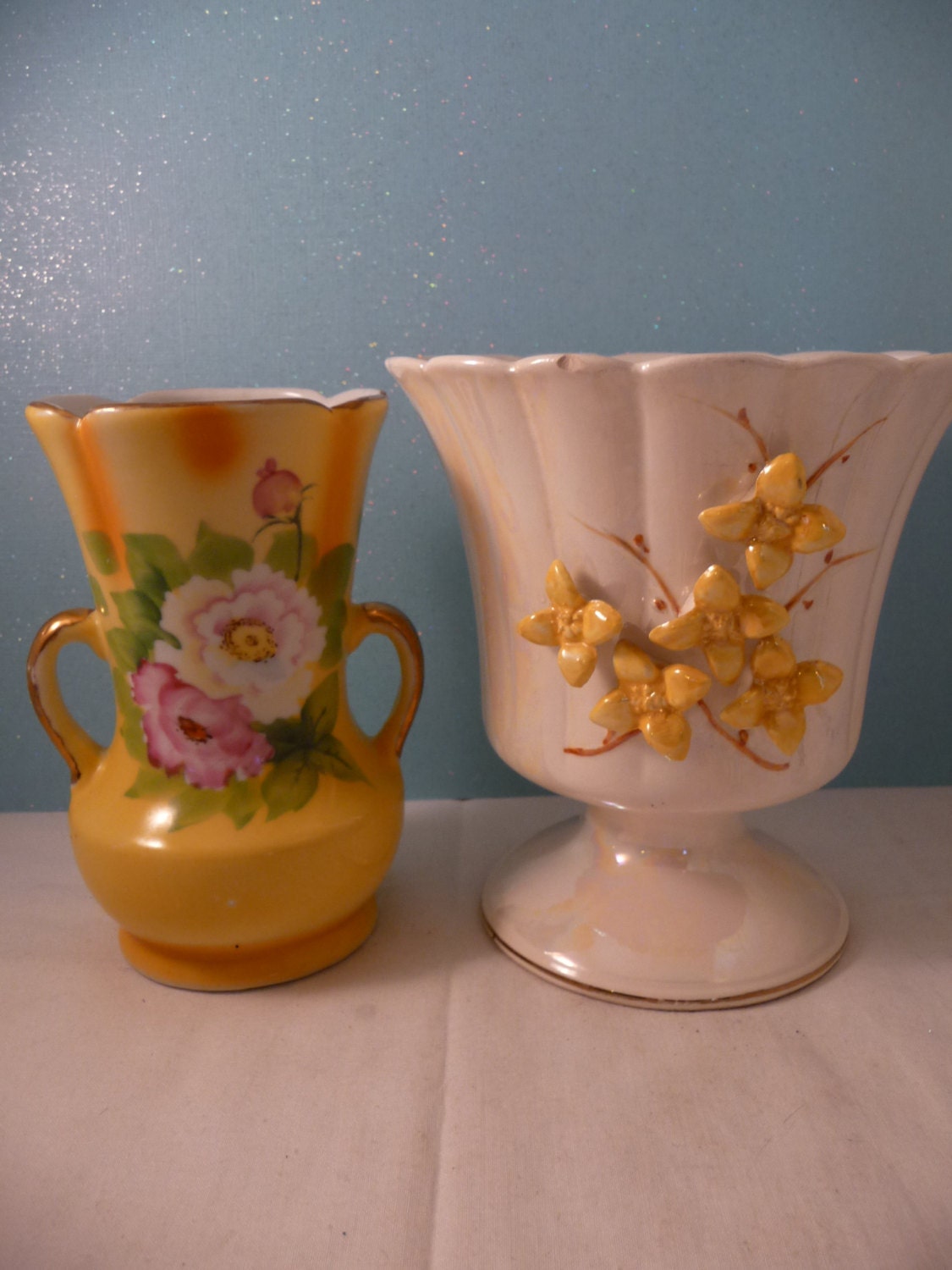 Lovely Vintage Pair of Yellow Floral Vase and Lustreware Planter