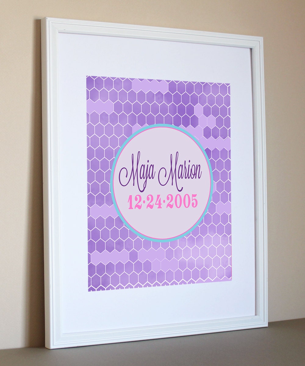 Purple Honeycomb Name Nursery Art- 8X10- Personalized Name Art, Children Girl Room Decor, Summer Decor, Personalized Baby Shower Gifts,