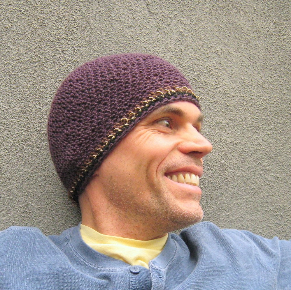 crochet men's beanie/ plum wool n' hemp
