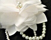 Wedding Accessory Bridal Hair, Organza Flower Headpiece with Pearl Chains - Pearl, white, ivory