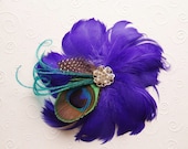Weadding Hair Feather Flower Bridal Hair Clip with Rhinestone Jewel Violet Blue