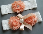 Wedding Garter, bridal garter, lace garter, TOSS GARTER INCLUDED - ivory coral champagne