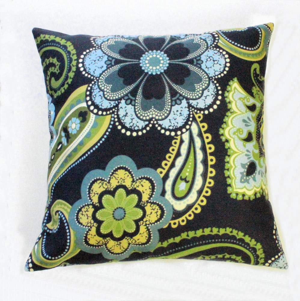 Paisley and Floral Accent Throw Pillow Cover in Navy Blue and Green