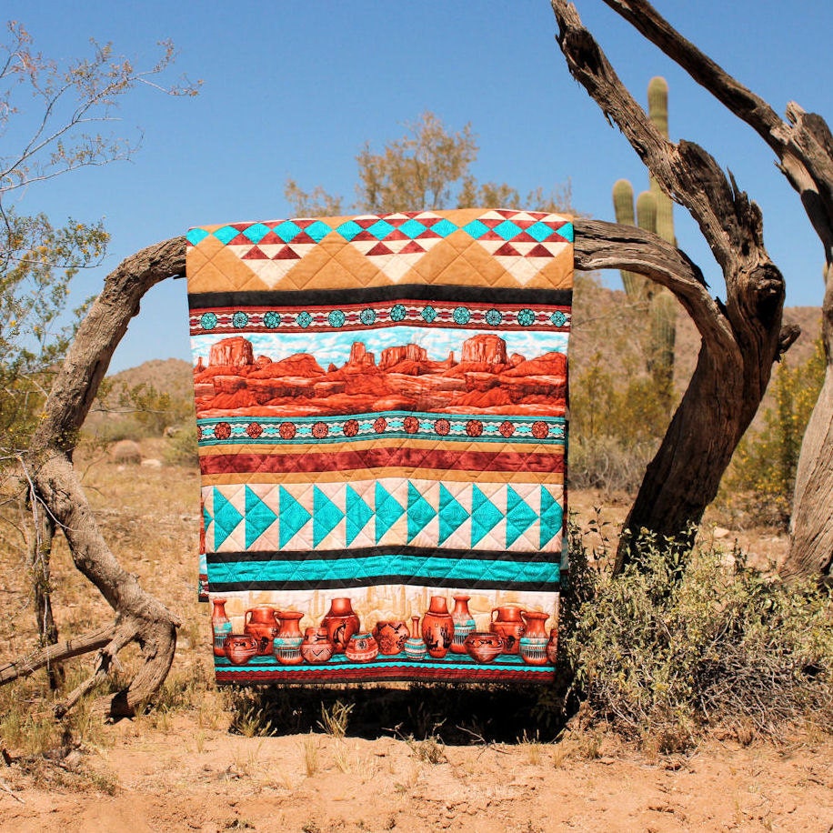Monument Valley Lap Quilt, Southwest Pottery in Turquoise and Brown, Fathers Day Gift