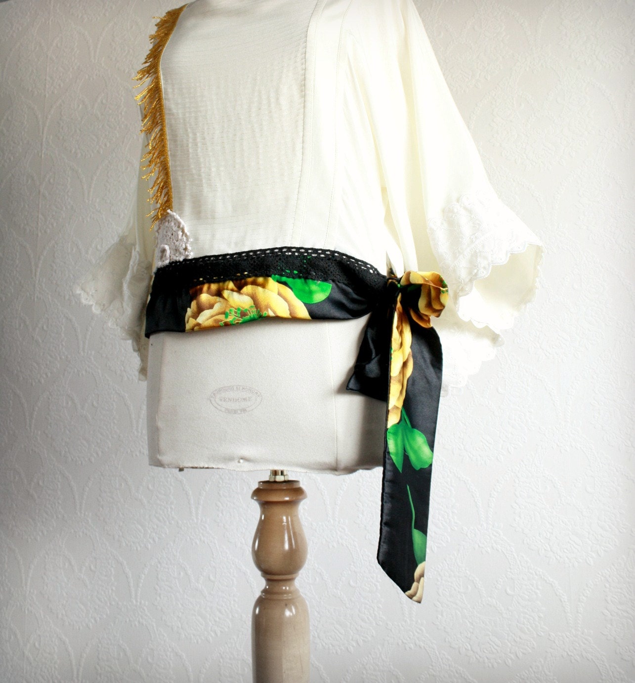 Cream Silk Blouse Yellow Floral Pirate Shirt Women's Clothing Fringe Top Upcycled Clothes Kimono Sleeves Reconstructed Small 'ELLE'