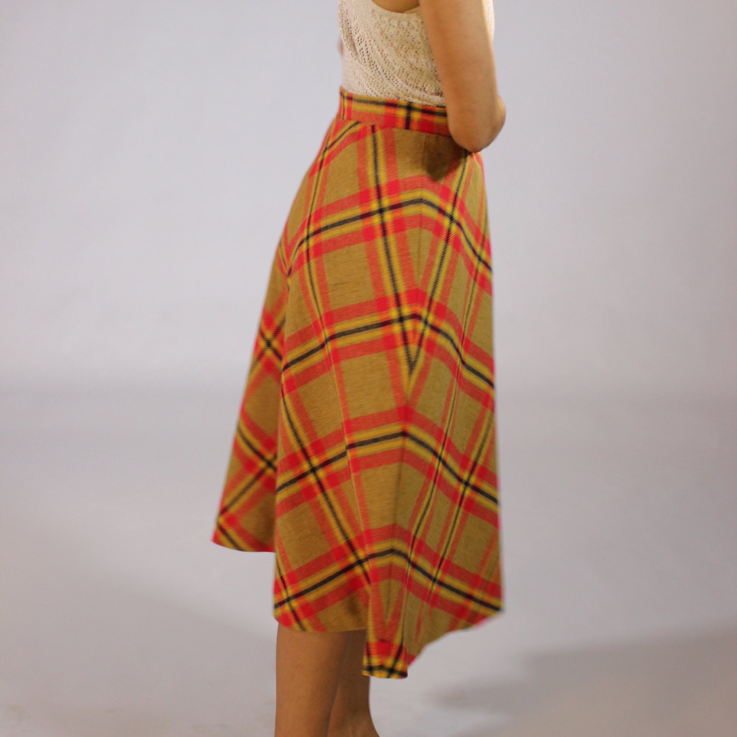 Vintage Plaid A-Line Skirt - Women's Tan Orange Red