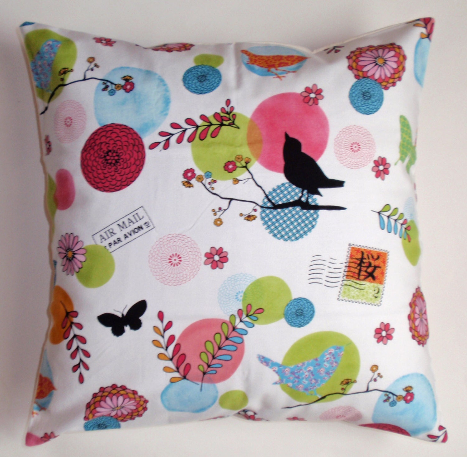 Throw Pillow Cover - 16x16" sewn with Paula Prass' Airmail Par Avon from the Flights of Fancy Collection - Birds & Floral Pillow Cover