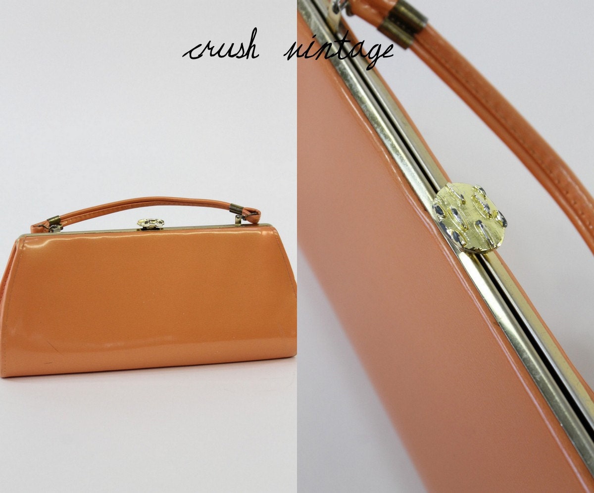 1960s Clutch  / 60s Patent Purse / Peachy Keen Evening Bag