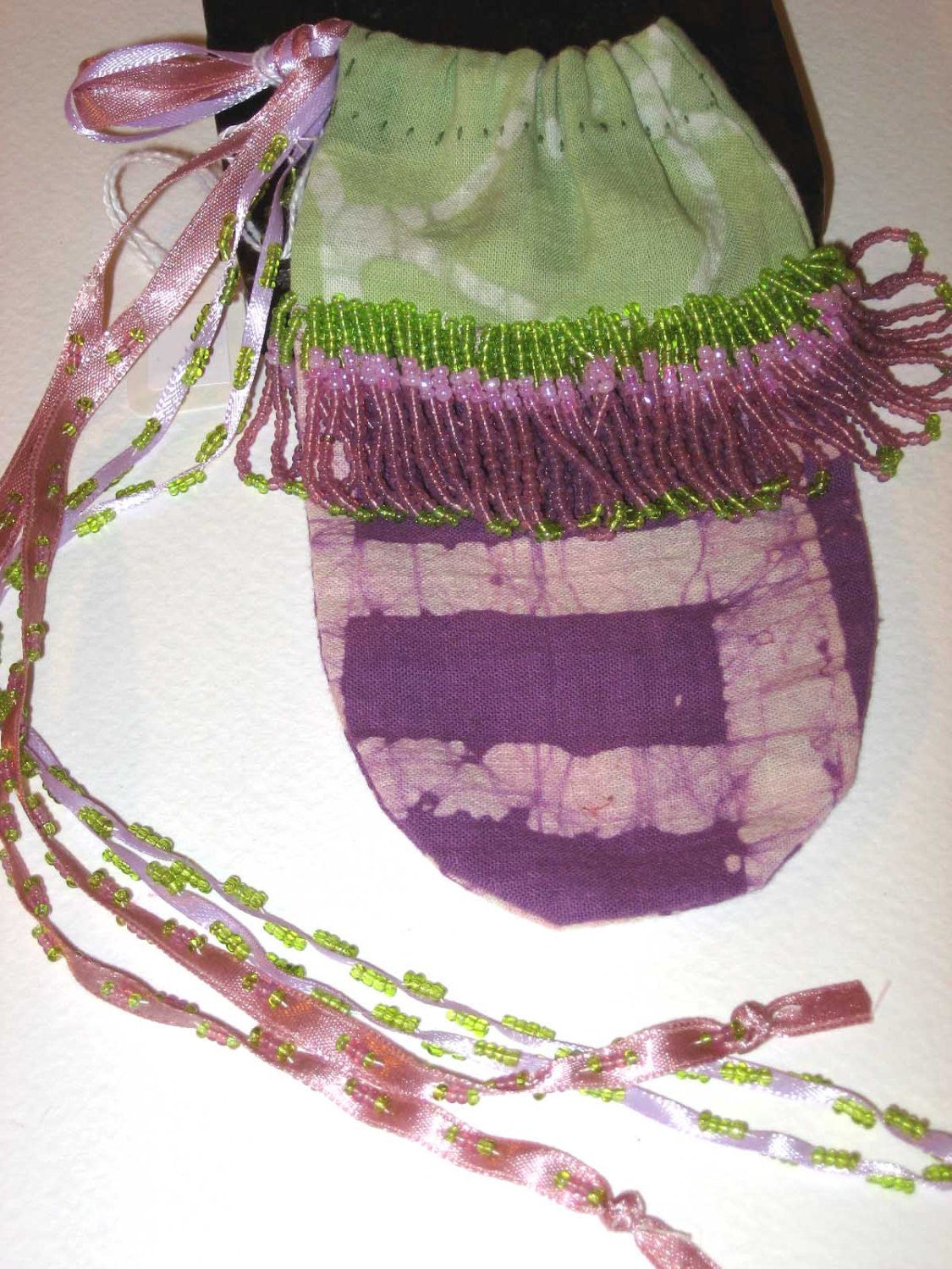 Batik Drawstring Pouch Embellished Beaded "Jenny" Stash