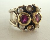 Silver Ring, Fine Jewelry, 9K Solid Gold Bezel Set Pink Zircon Citrine Pearl on Silver Band, Women's Ring, Hammered Ring, Gold Ring, SIZE 7