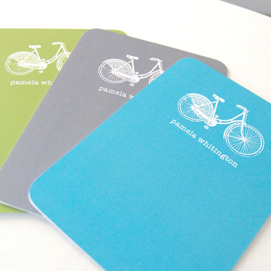 personalized note cards stationery set - VIBRANT VINTAGE BICYCLE - set of 8 - choose color - personalized stationary folded