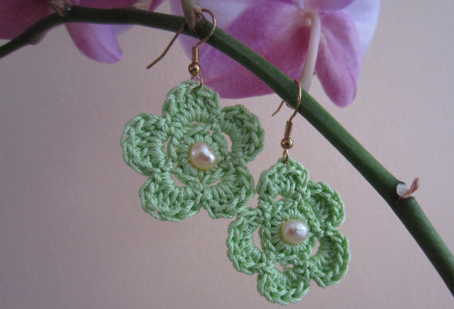 Crochet Flower Earrings, Chartreuse Green Cotton &  Fresh Water Pearls, Dangling, Gifts for Her, Bridesmaid Gift, Women and Teens