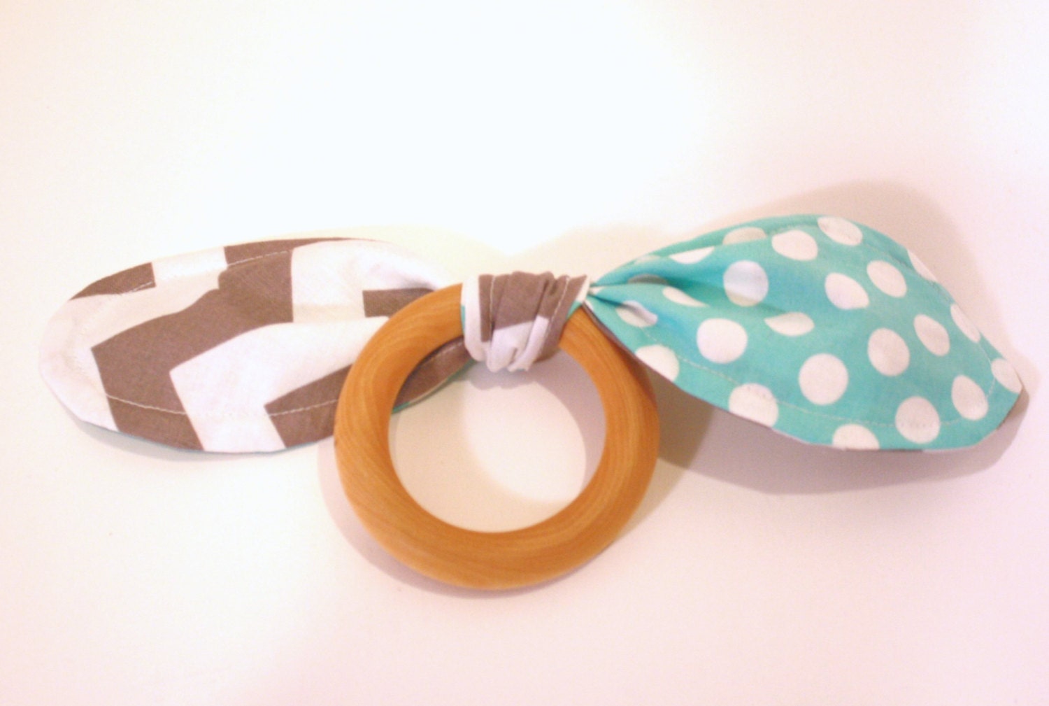 Natural Wood Baby Teether with Organic Fabric - Grey Chevron and Aqua Dots  - Eco-friendly Toy