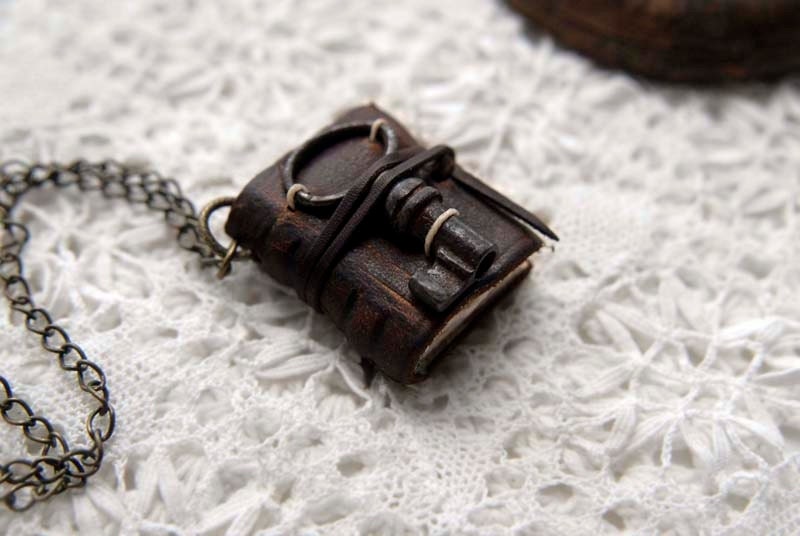 The Secret Key - Miniature Wearable Book, Rustic Brown Leather, Tiny Vintage Key, OOAK