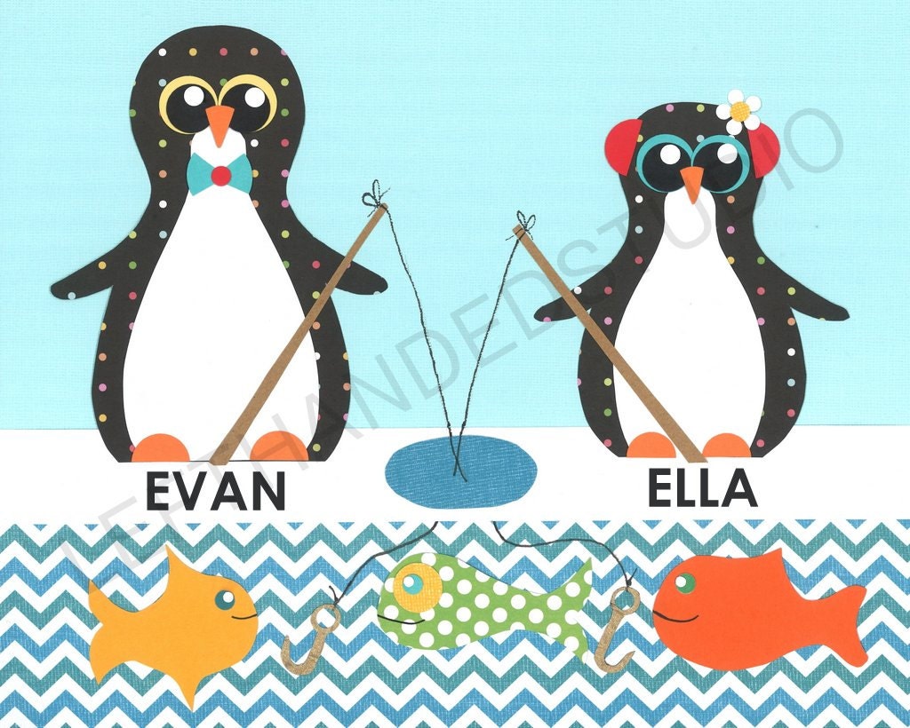 PENGUIN Art Print, KIDS Bath Wall Art, PENGUIN Wall Decor, Bathroom Art, Fish Art Print