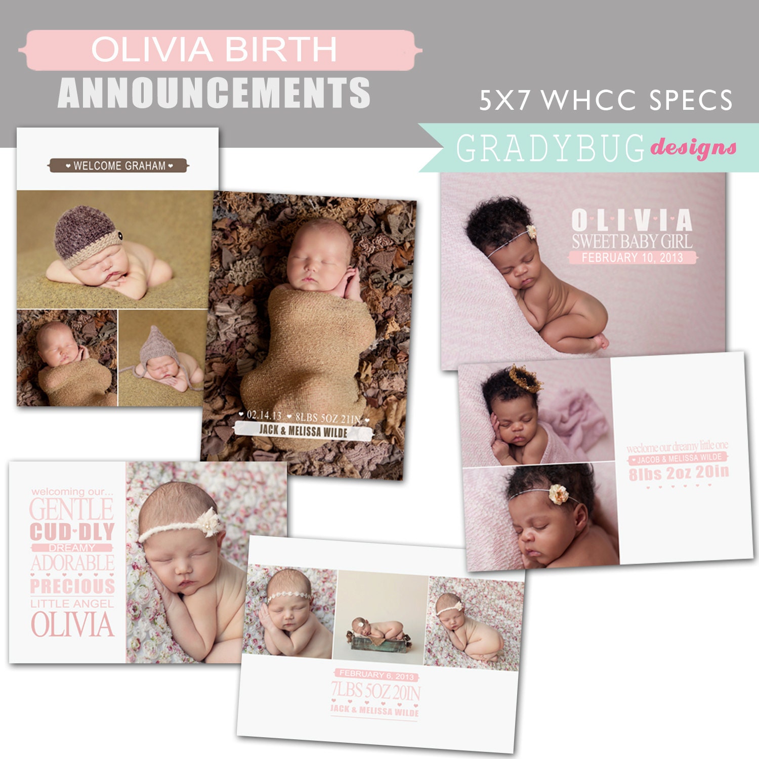 Olivia Birth Announcement Collection -BOY & GIRL TEMPLATES- 5x7- Templates for Photographers