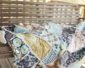 Rag Quilt Throw, Large, Modern Meadow in pond,  ALL NATURAL, fresh modern handmade