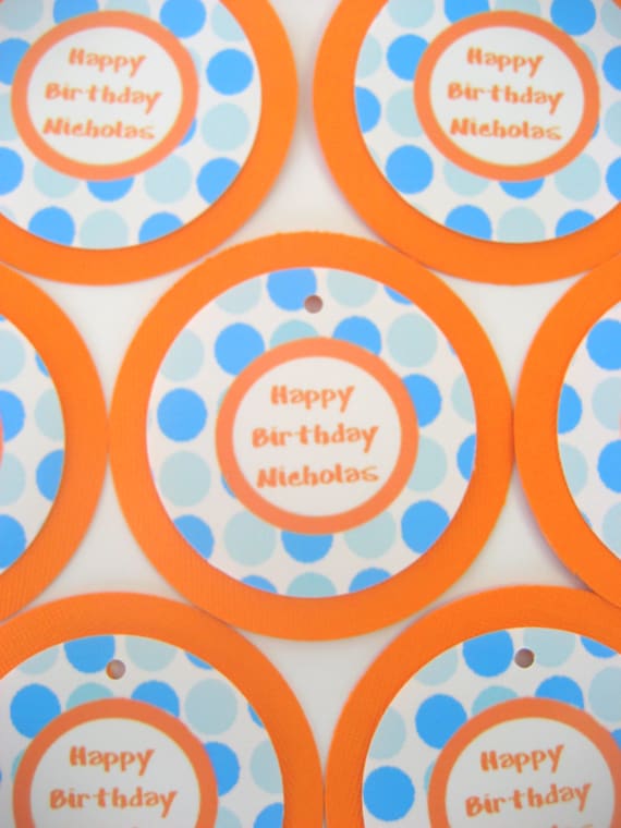 12 Favor Tags - Happy Birthday Orange and Blue Polka Dots - Custom Message or Number Il_570xn